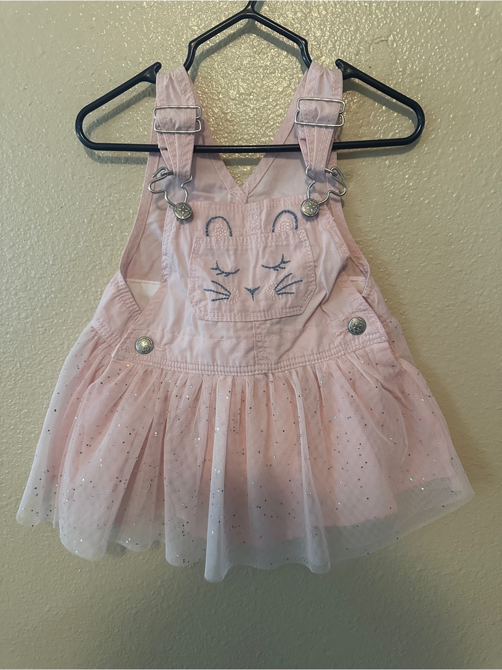 Carter's Light Pink Sparkle Tulle Overall Dress with Cat Embroidery